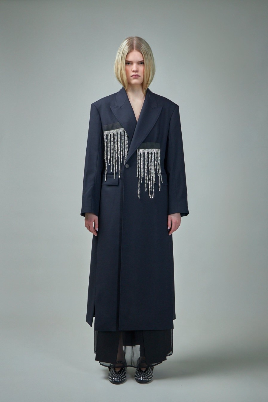 Frenken Frill Coat Navy Crystal Fringe Clearance