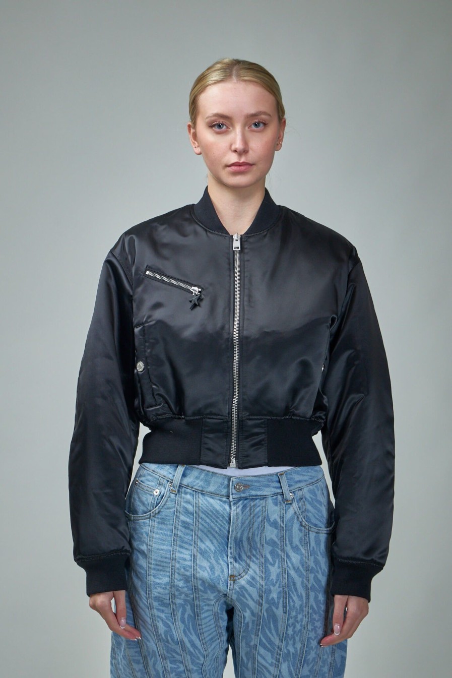 Mugler Cropped Nylon Bomber Hot