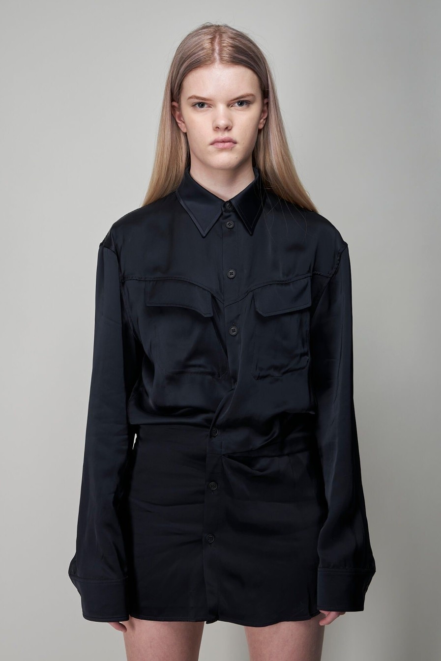 Off-White Toybox Satin Twist Shirt Dress, Black Best