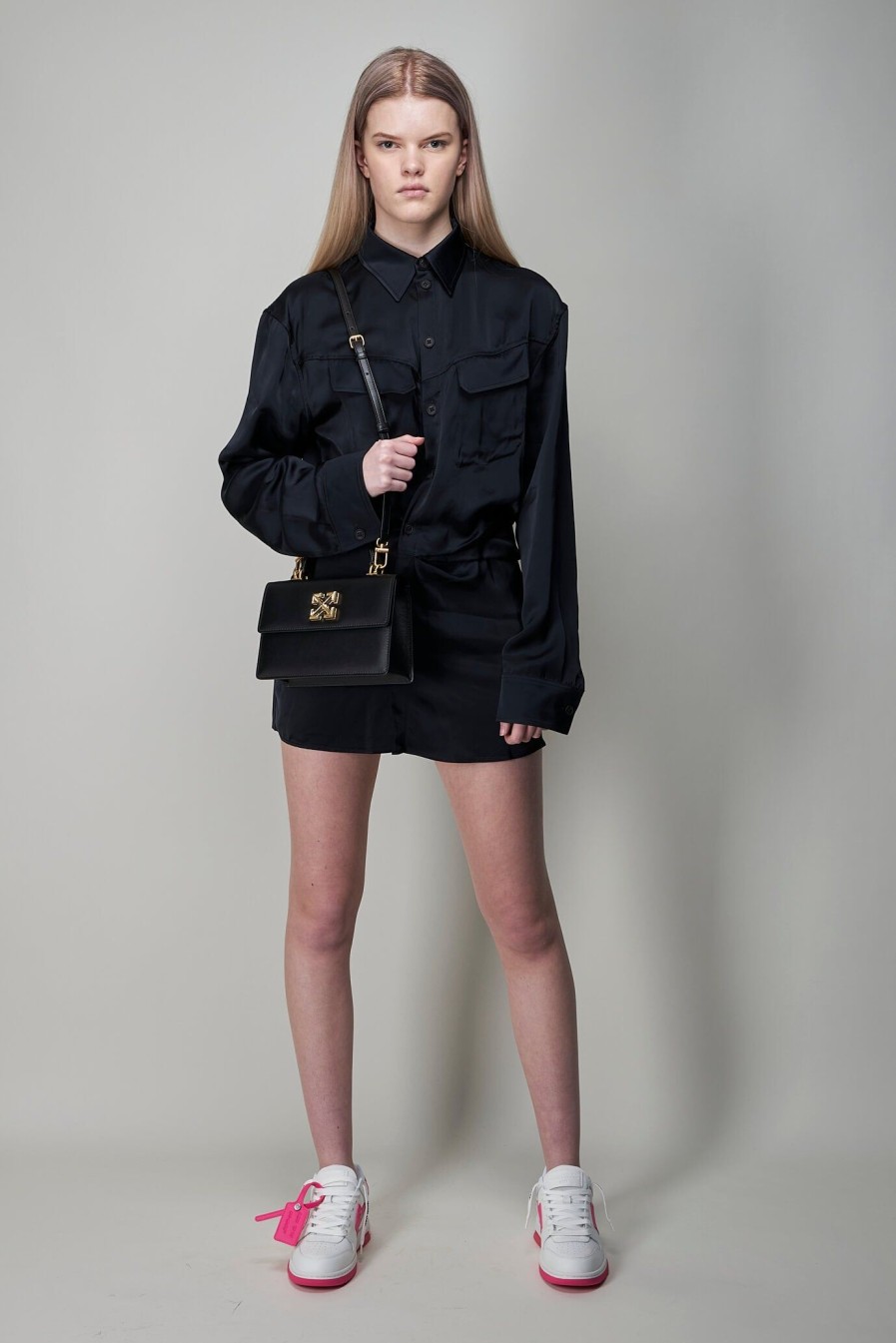 Off-White Toybox Satin Twist Shirt Dress, Black Best