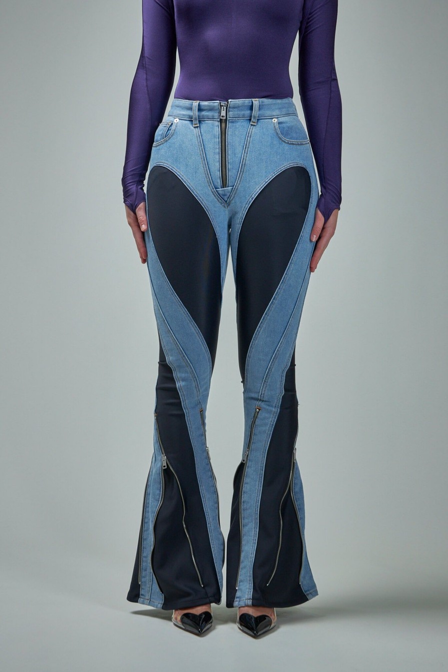 Mugler Bi-Material Spiral Flared Jeans Clearance